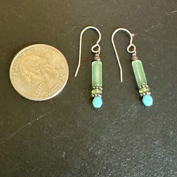 Sterling Silver Green & Blue Glass Dangle Boho Earrings - Picture 2 of 3
